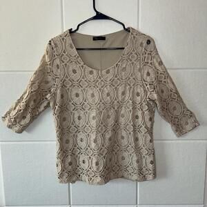 KLD Signature Women’s Lace Blouse Size Large L Cream, 3/4 Sleeve Scoop Neck